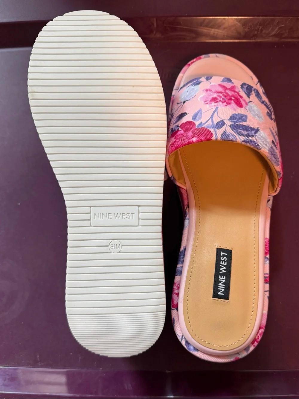 Nine West Pink Floral Platform Slide Sandals with Blue Accents